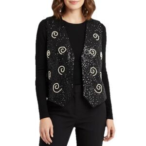 Vintage Creazione Effeci Women's NWT Black Sequin White Pearl Sleeveless Vest M